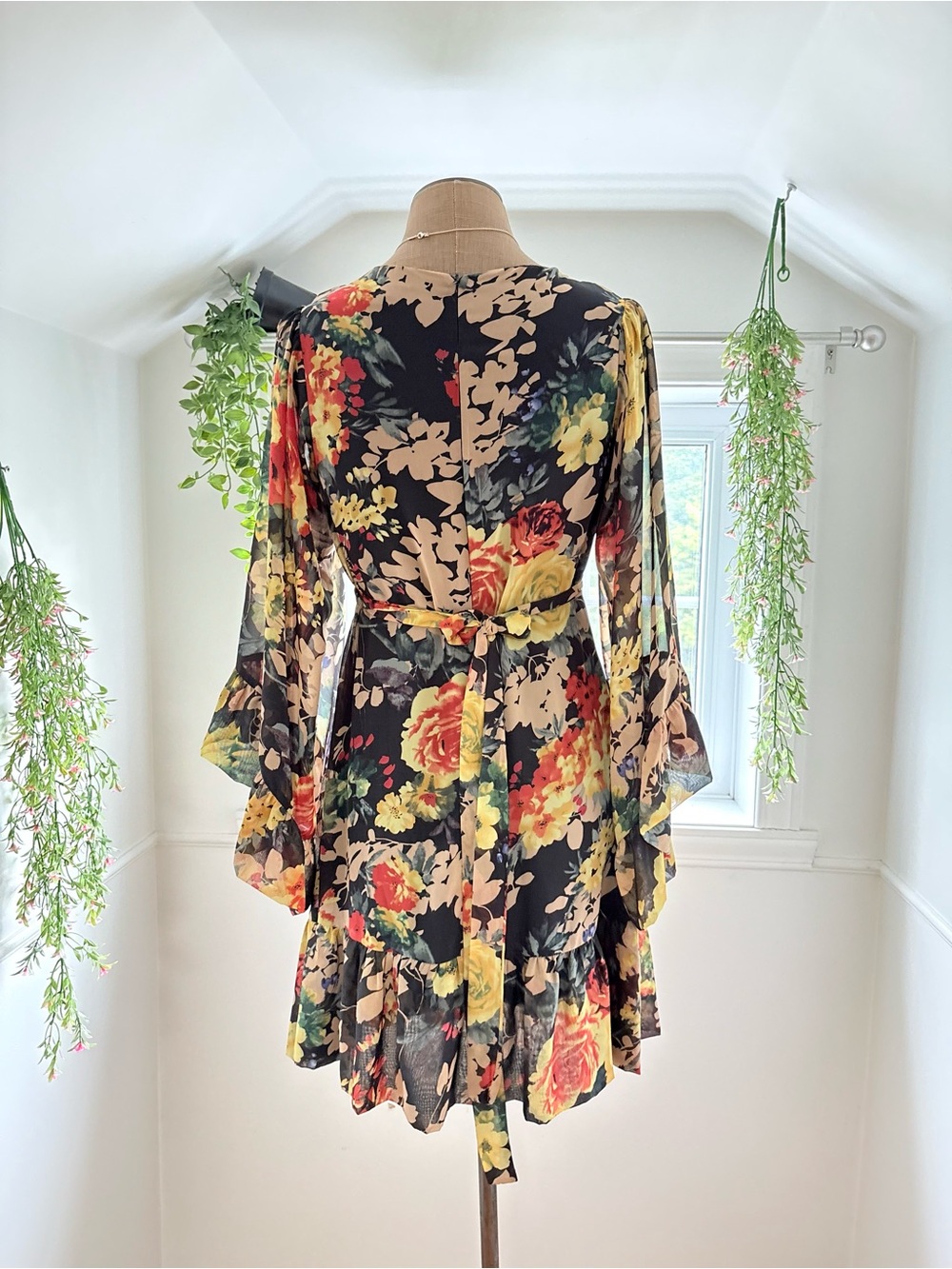 Betsey Johnson Black Floral Flutter-Sleeve Wrap Mini Dress - Picture 4 of 7
